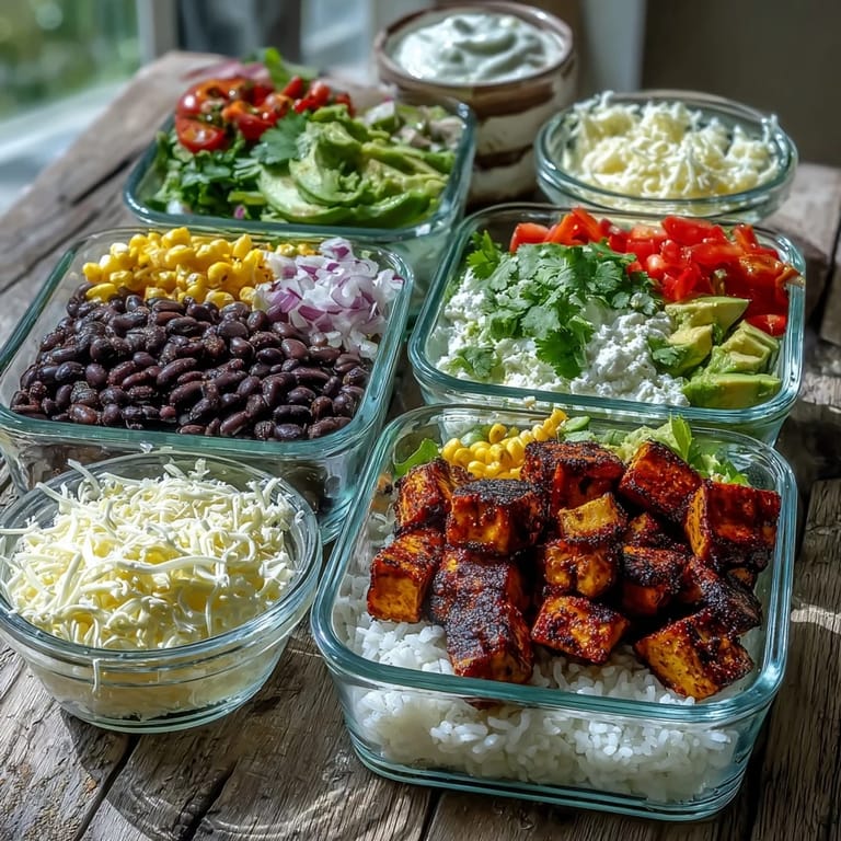 Savory tofu, sautéed beans, and zesty toppings arranged neatly in a container, showcasing a perfect make-ahead burrito bowl base.