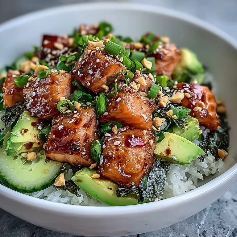 A close-up view of an easy Avocado Salmon Bowl featuring creamy avocado slices, crunchy peanuts, and wasabi dots on warm rice, perfect for a quick dinner.