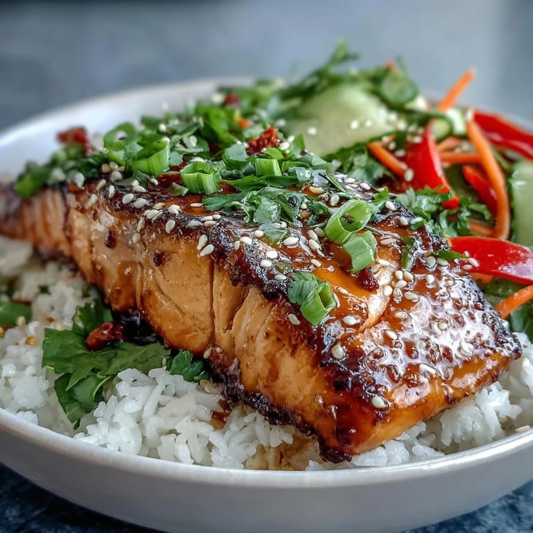 Steamed rice and colorful veggies surround the glazed salmon fillet, topped with sesame seeds and fresh scallions.