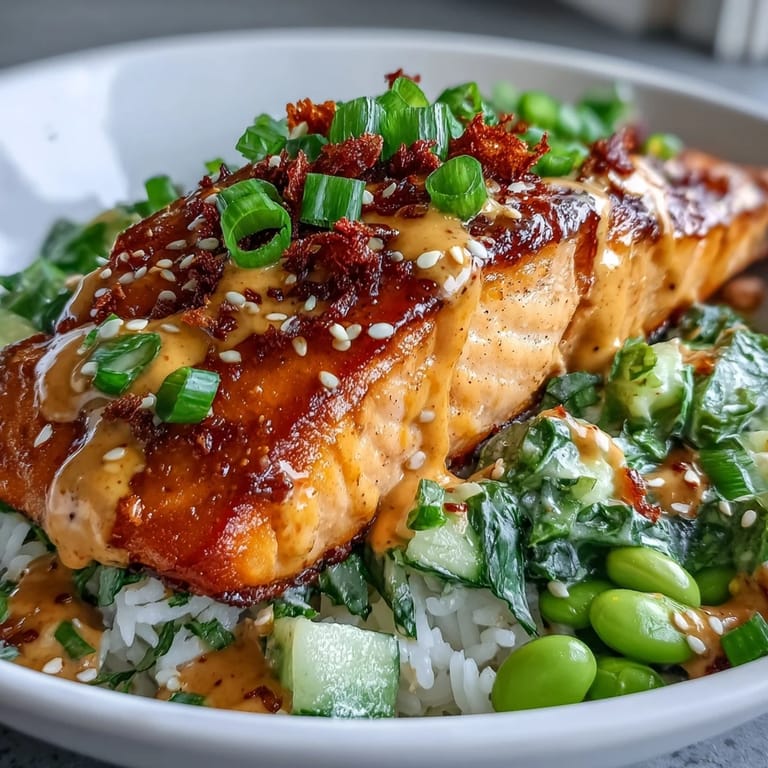 A generous drizzle of spicy-sweet bang bang sauce coats the tender fish in this flavorful bowl.