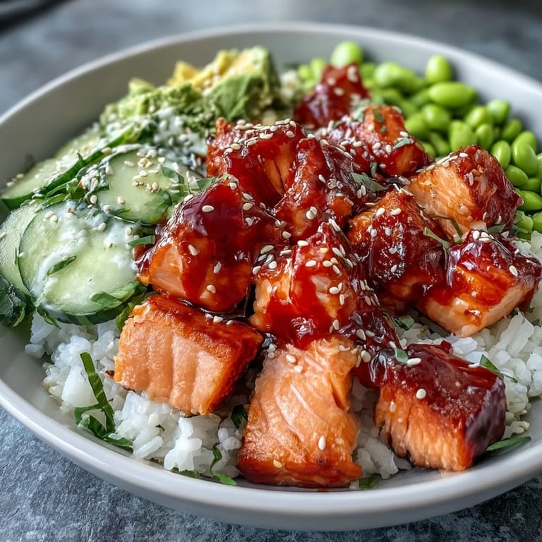 Healthy salmon rice bowl with jasmine rice, edamame, cucumber, avocado, and a spicy sriracha mayo drizzle.