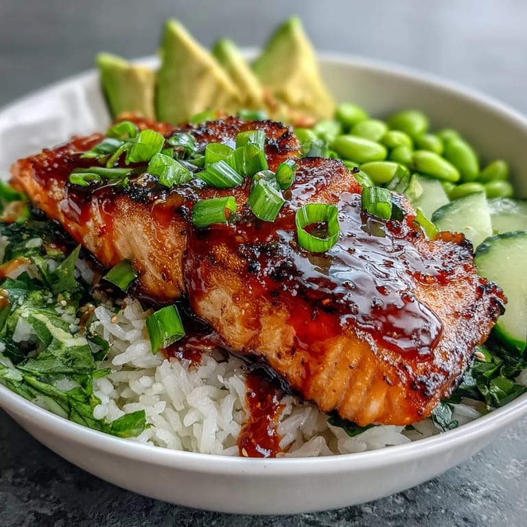 Pan-seared salmon with sticky honey sriracha glaze rests on jasmine rice next to edamame and avocado, perfect for a quick and flavorful meal.