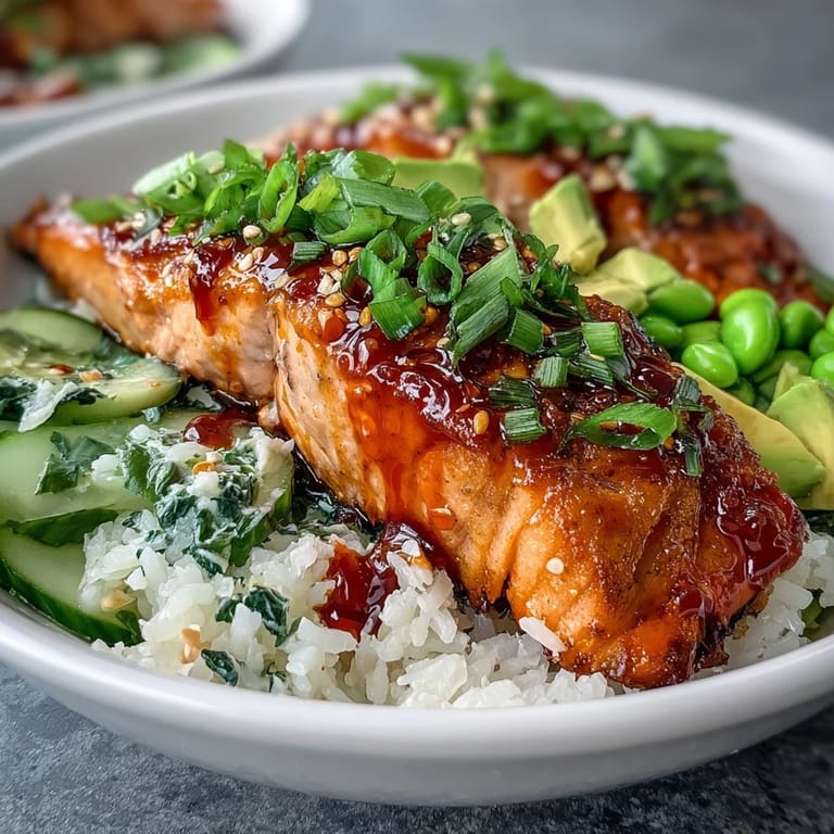 A close-up of a Honey Sriracha Salmon Bowl showcases drizzled sriracha mayo, sesame seeds, and green onions, served for a spicy-sweet weeknight dinner.