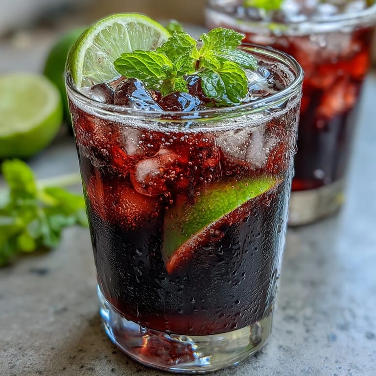 A close-up of Black Currant Mocktail with bubbly sparkling water, fresh mint, and lime slices on top.