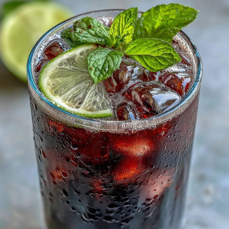Black Currant Mocktail served over ice, garnished with mint and lime for a refreshing summer beverage.