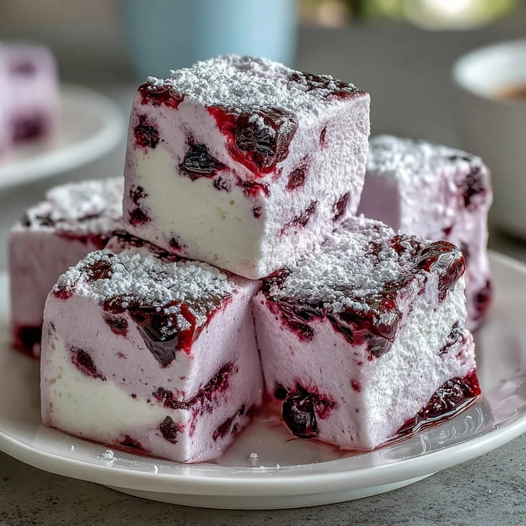A close-up of a hand holding a fluffy Black Currant Marshmallow, highlighting its vibrant purple hue against a cozy kitchen backdrop.