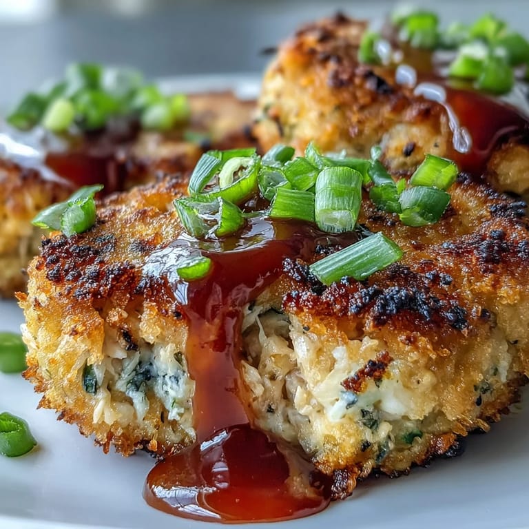 Serving suggestion of Asian-Style Tuna Cakes drizzled with creamy spicy mayo and fresh green onions.