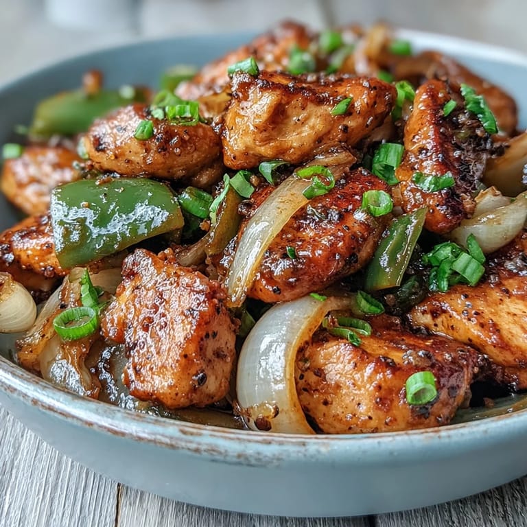 Black Pepper Chicken stir-fry in a skillet with a glossy, peppery sauce and fresh garlic.