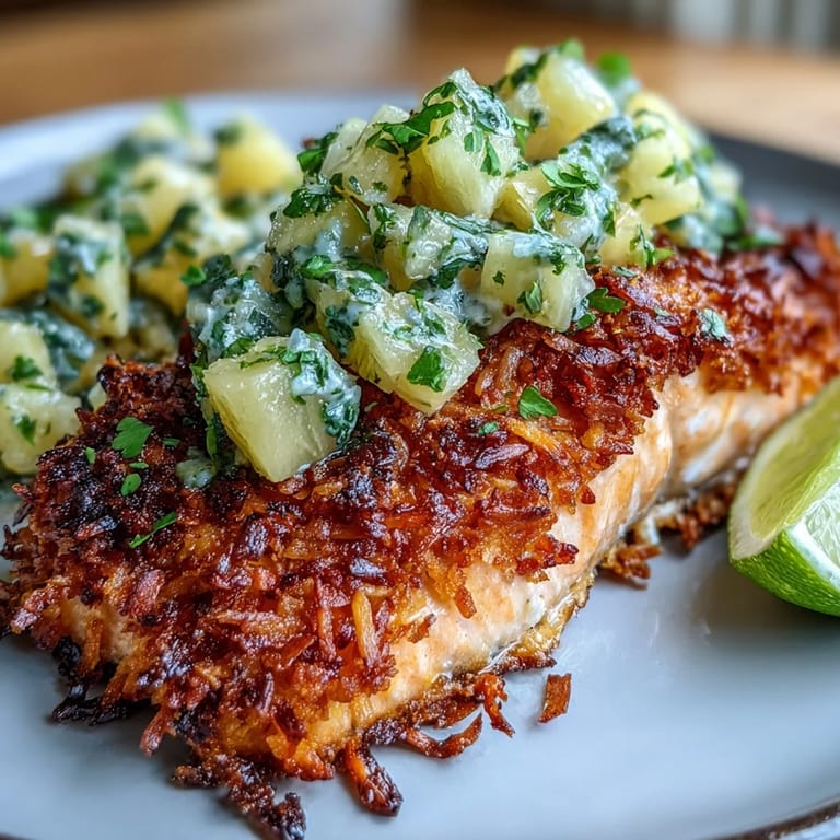 Perfectly seared Coconut Crusted Salmon featuring a crispy coconut-panko crust and fresh tropical pineapple salsa garnish.