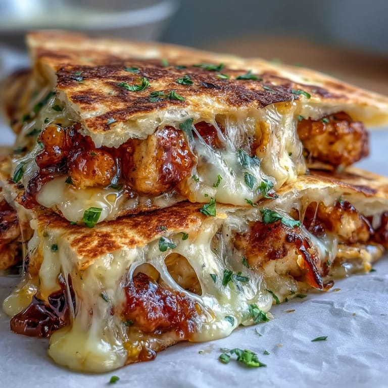 Freshly sliced wedges of Cheesy Hot Honey Chicken Quesadillas garnished with cilantro, served alongside a zesty jalapeño cream sauce dip.