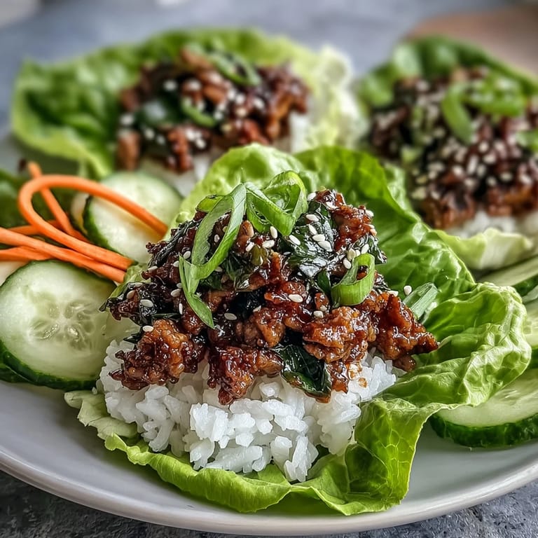 A colorful bowl of sesame turkey lettuce wraps over rice, garnished with green onions and sesame seeds.