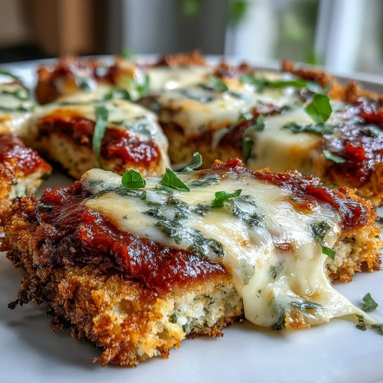 Fresh basil garnishes the baked Crispy Tofu Chicken Parm Bakes, served alongside spaghetti for a satisfying vegetarian meal.  