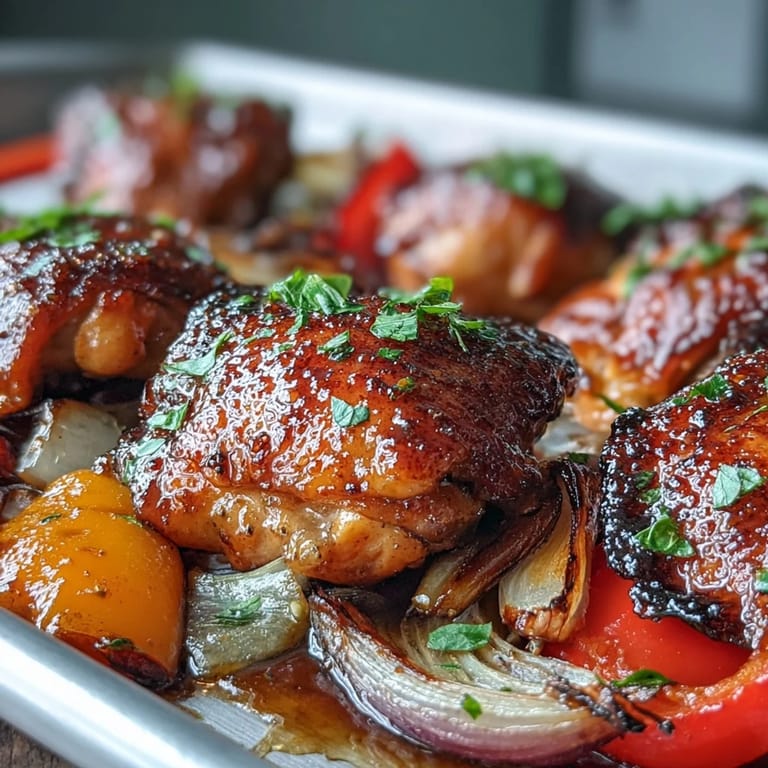 Golden glazed chicken thighs and roasted vegetables, with fluffy naan and cilantro garnish for a flavorful, easy weeknight sheet pan meal.