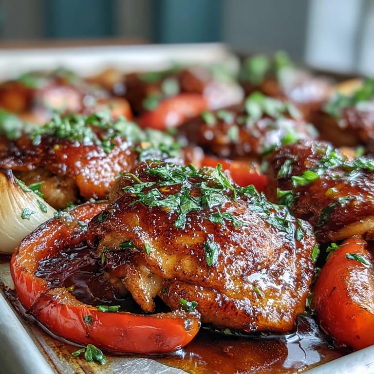 Tender chicken and peppers in a sweet honey garlic sauce, baked on a single pan with toasted naan for minimal cleanup.