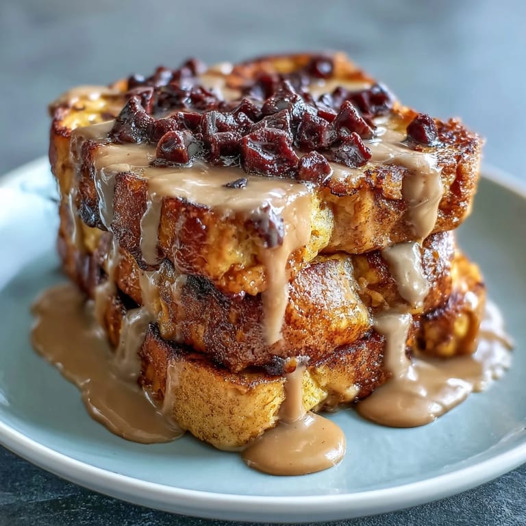 Fresh berries garnish this decadent, protein-packed peanut butter chocolate baked French toast, served warm from the oven.