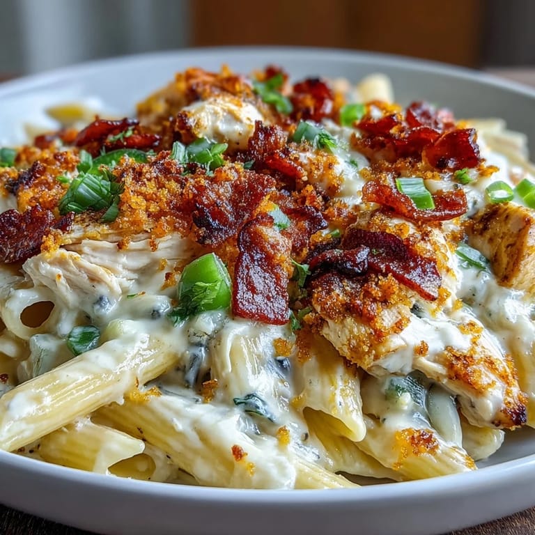 A skillet of creamy jalapeño popper chicken pasta topped with toasted panko, fresh jalapeño slices, and herbs.