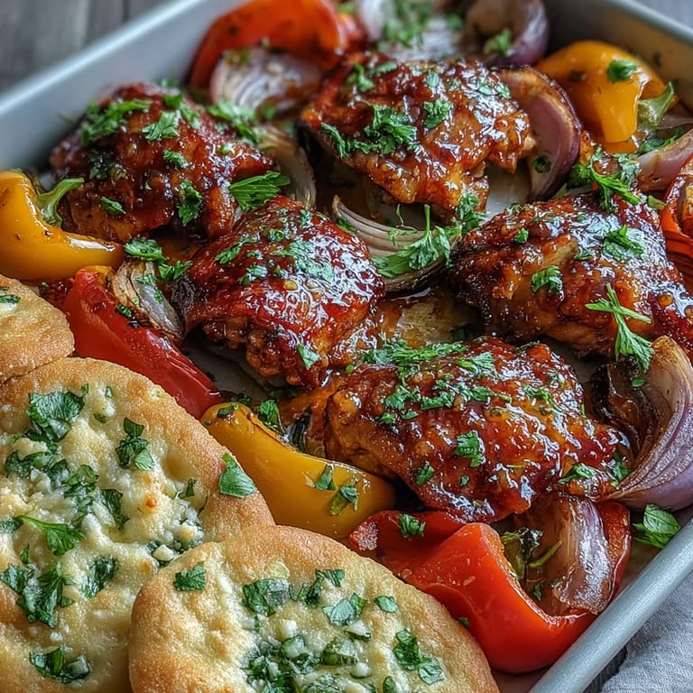 Golden-brown chicken glazed in honey garlic sauce, fresh from the oven alongside warm naan and roasted peppers for weeknight cooking.