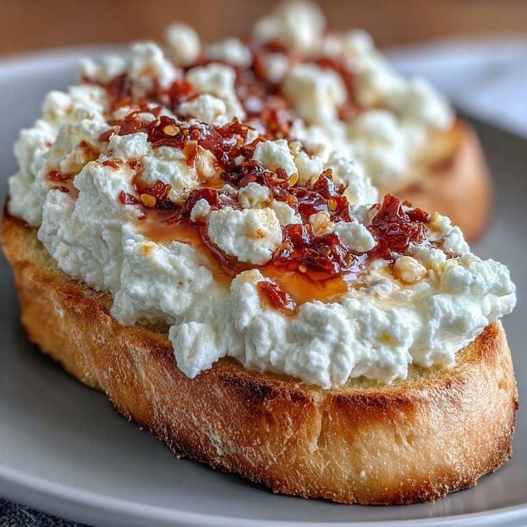 Easy Italian-American recipe featuring crisp bread, smooth ricotta, and vibrant chili crunch toppings for a sweet and spicy bite.
