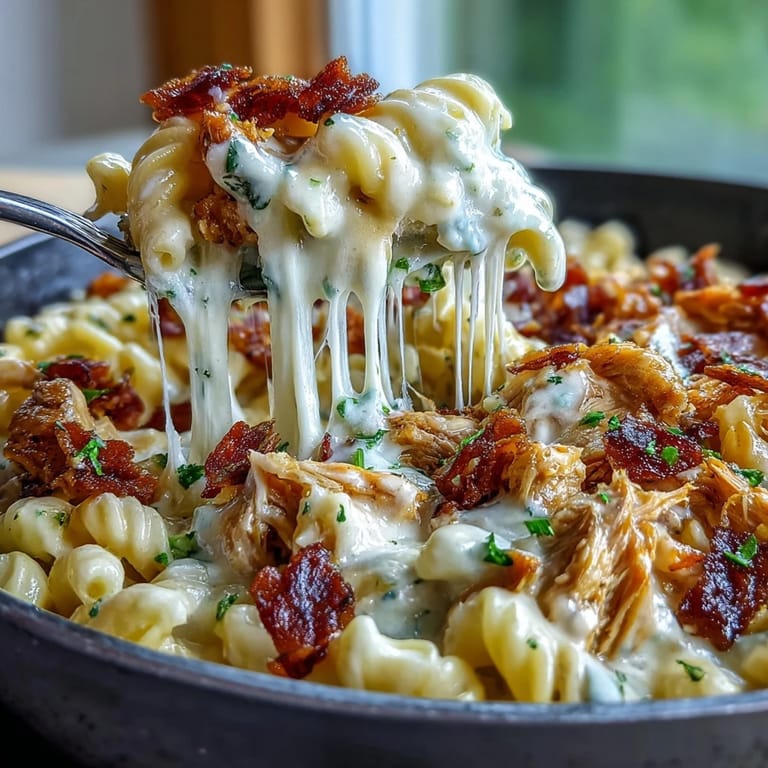 Steaming bowl of Creamy Jalapeño Popper Chicken Pasta garnished with bacon and Monterey Jack, ready to eat.