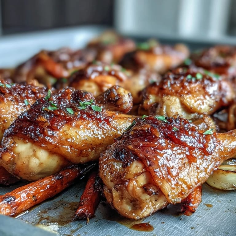 Roasted until caramelized, the carrots accompany these Sheet Pan Honey Garlic Chicken Drumsticks for a flavorful, dairy-free family meal.
