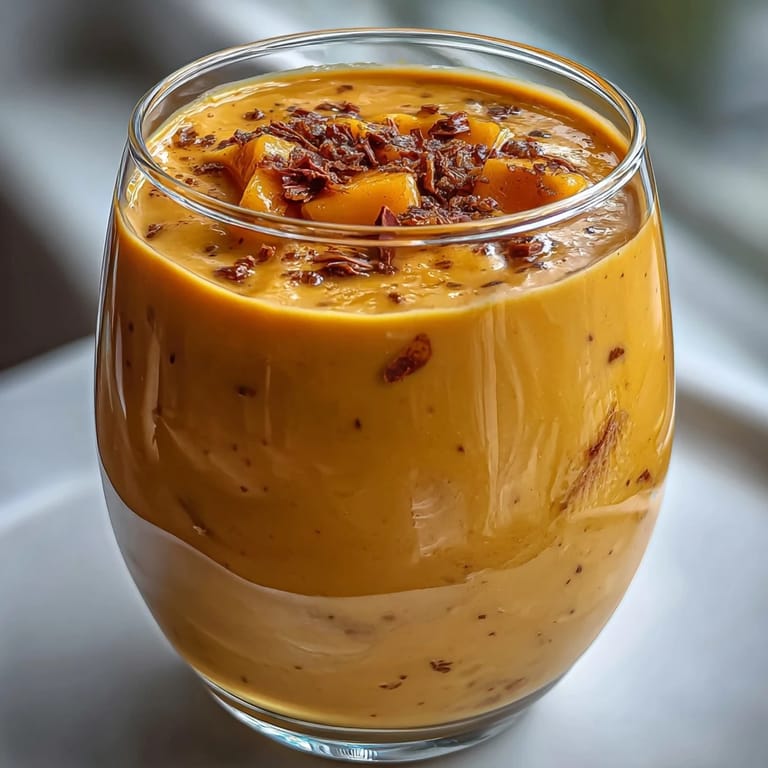 A refreshing Vegan Mango Turmeric Golden Milk Smoothie garnished with fresh mango slices, ready to sip.