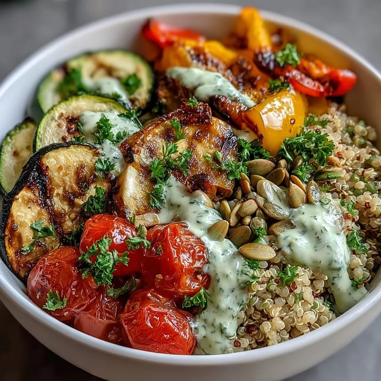 Enjoy Mediterranean-inspired Grilled Veggie and Quinoa Power Bowls topped with feta, parsley, and crunchy pepitas, finished with a lemony tahini sauce.