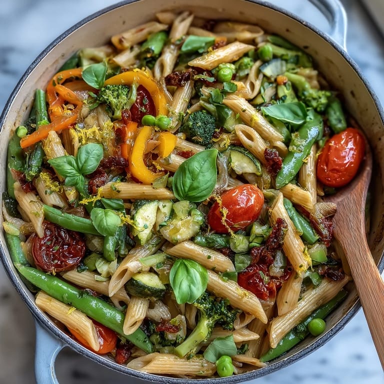 Steam gently rises from a freshly cooked Vegan One-Pot Pasta Primavera with Lemon and Basil, revealing a hearty bowl of penne, snap peas, and zucchini tossed with bright basil leaves and olive oil, perfect for a quick weeknight dinner.