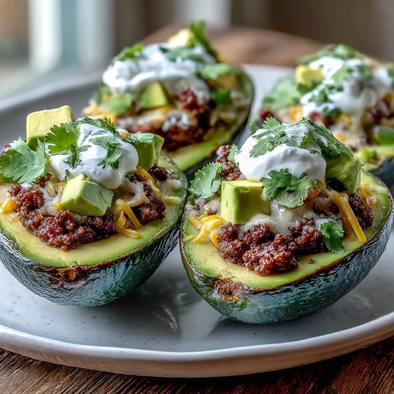 The Keto Taco Stuffed Avocados are garnished with cilantro and jalapeño, served on a rustic plate for a vibrant low-carb Mexican-inspired meal.