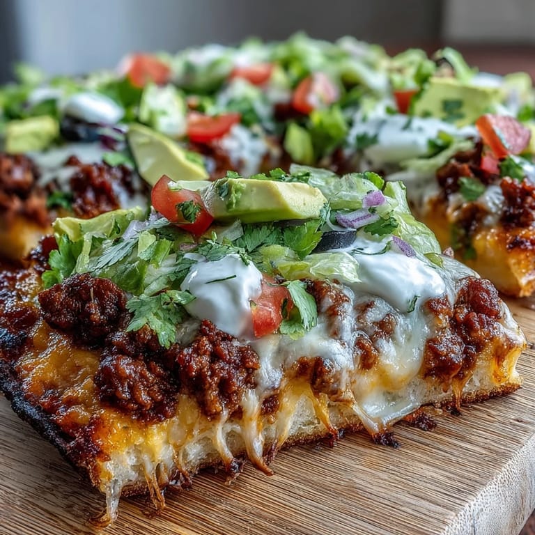 A low-carb taco pizza featuring a golden cheese crust topped with zesty beef, tomatoes, onions, olives, and cool sour cream.