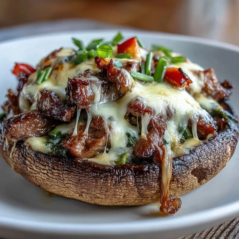 Portobello mushrooms baked and filled with steak, peppers, onions, and melted cheese for a keto-friendly Philly cheesesteak.
