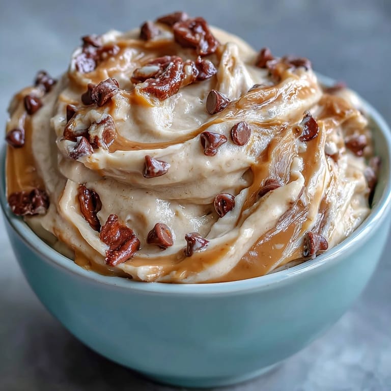 Velvety Greek yogurt cookie dough with a rich peanut butter base, studded with dark chocolate chips for a protein-packed dessert.