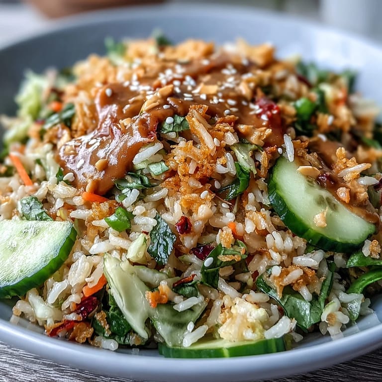 A vibrant bowl of crispy jasmine rice tossed with shredded cabbage, crunchy cucumber, and a creamy peanut sesame dressing for a satisfying meal.  