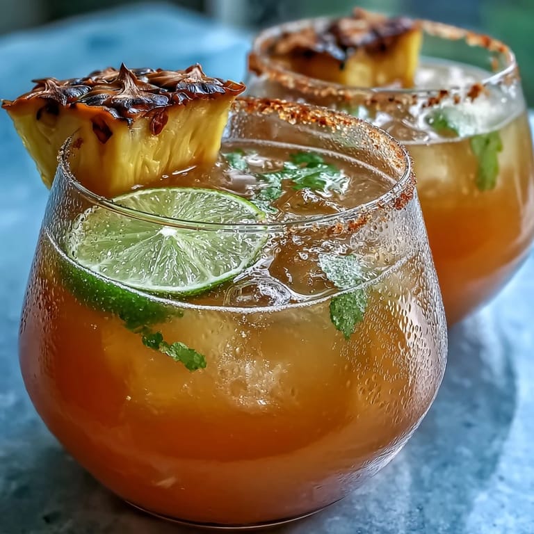 Non-alcoholic Pineapple Margarita Mocktail with ice cubes, garnished with citrus and tropical fruit slices.