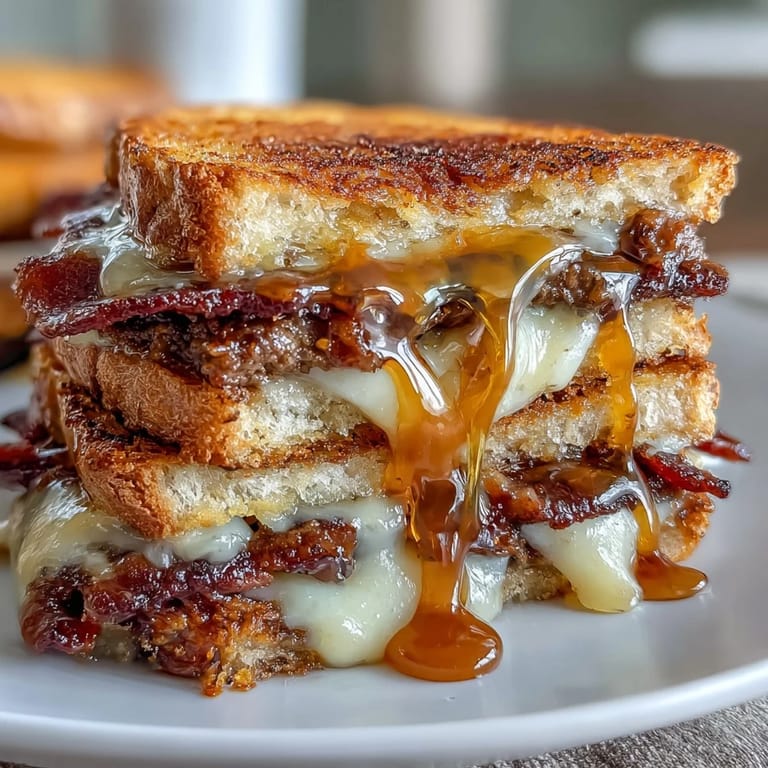 3. Indulge in a hearty grilled cheese sandwich featuring beef bacon, melted cheddar, fresh apple slices, and a bold hot honey finish.
