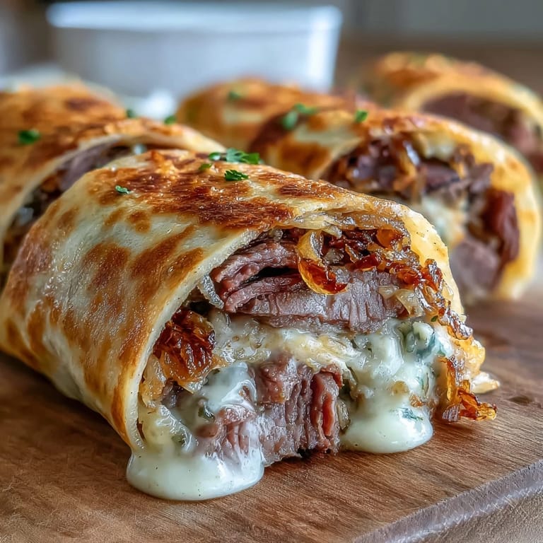 Golden baked tortilla roll ups stuffed with savory roast beef, melted cheese, and crunchy fried onions, paired with rich dipping sauce.