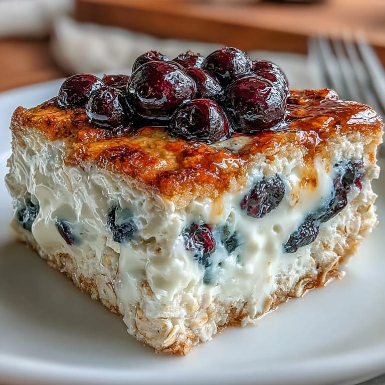 Hearty and wholesome, this Blueberry Cottage Cheese Breakfast Bake features fresh berries and oats in a custardy, make-ahead dish.  