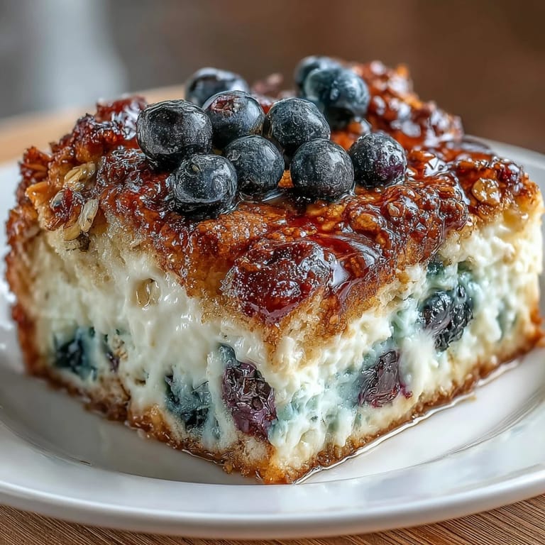 Indulge in a slice of Blueberry Cottage Cheese Breakfast Bake, packed with protein and bursting with sweet, tangy blueberries.