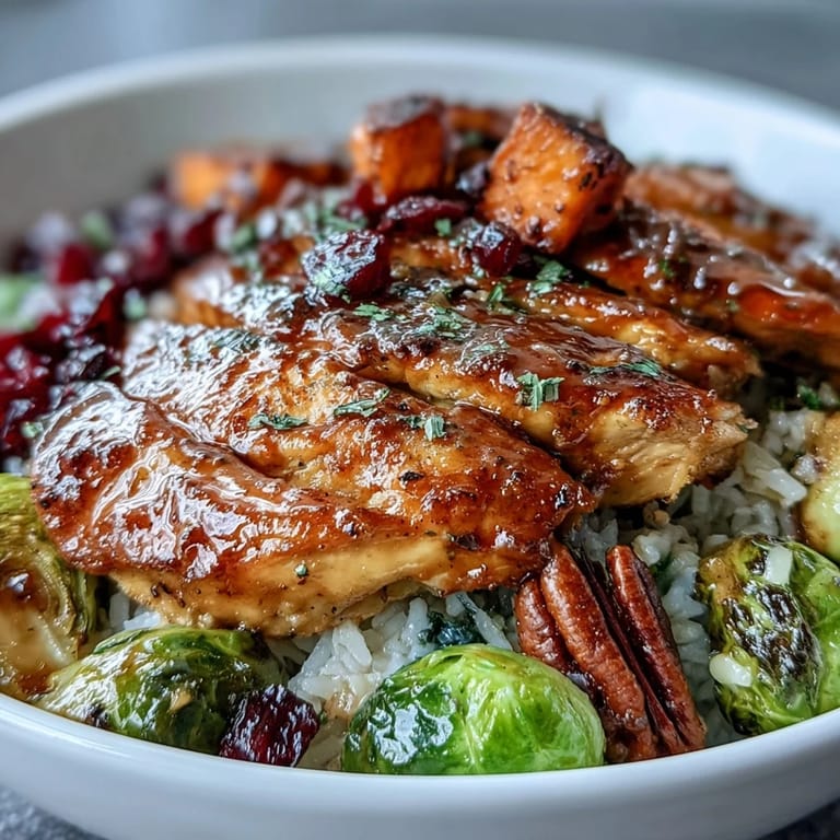 Juicy chicken glazed in maple Dijon sauce served over brown rice with caramelized sweet potatoes and Brussels sprouts. Topped with crunchy pecans and tart cranberries.