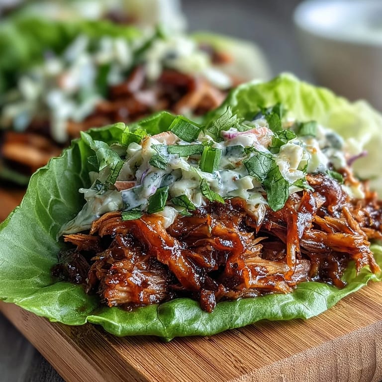 Smoky BBQ jackfruit nestled in butter lettuce leaves, topped with vibrant purple and green cabbage slaw for a fresh vegan meal.