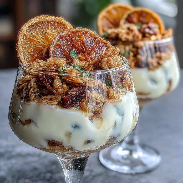 Close-up of homemade candied orange yogurt parfait with granola crunch, featuring bright citrus and creamy textures for a delicious start to the day.