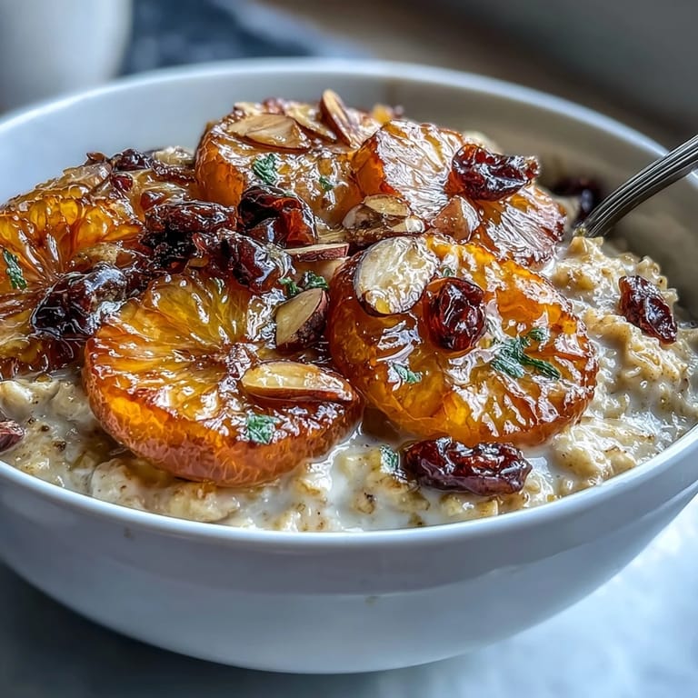 Hearty oatmeal topped with candied orange slices, dried cranberries, and golden toasted almonds, drizzled with maple syrup.