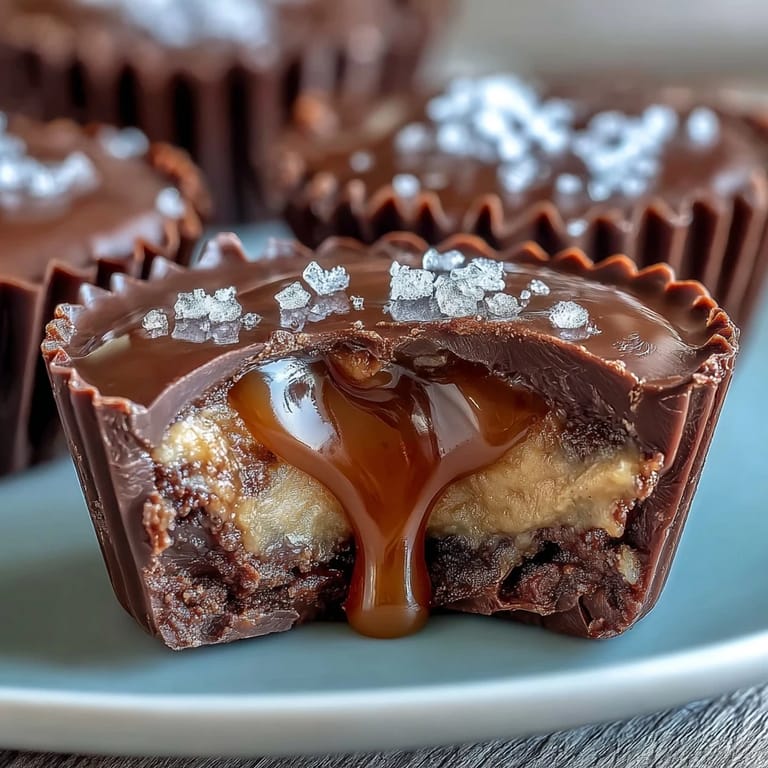 Homemade peanut butter cups with salted caramel filling, topped with flaky sea salt for a perfect sweet-salty dessert.
