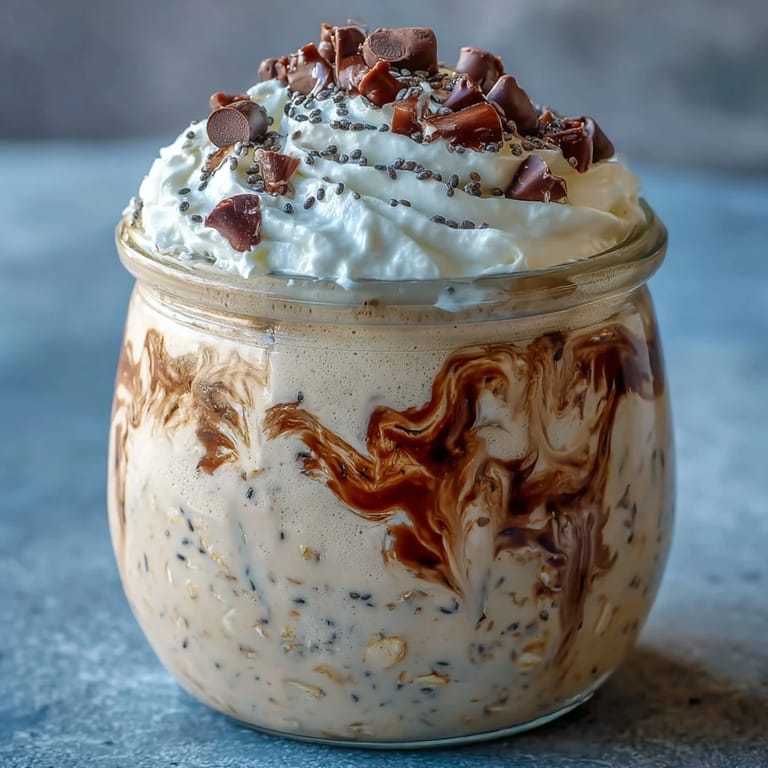 Creamy overnight oats infused with vanilla bean and espresso, topped with whipped cream and chocolate chips for a café-style treat.