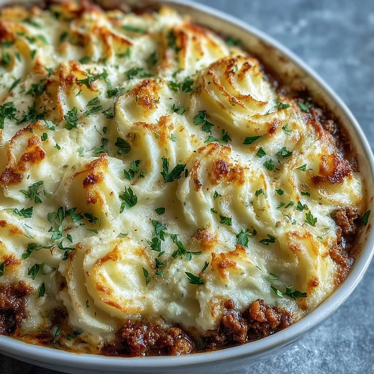 A comforting shepherd's pie recipe featuring ground lamb, vegetables, and a lighter cauliflower mash topping for a healthier twist.  