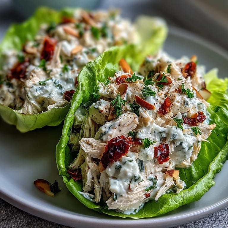 Fresh, creamy chicken salad with crunchy vegetables and tender lettuce wraps, offering a healthy and satisfying gluten-free meal option.