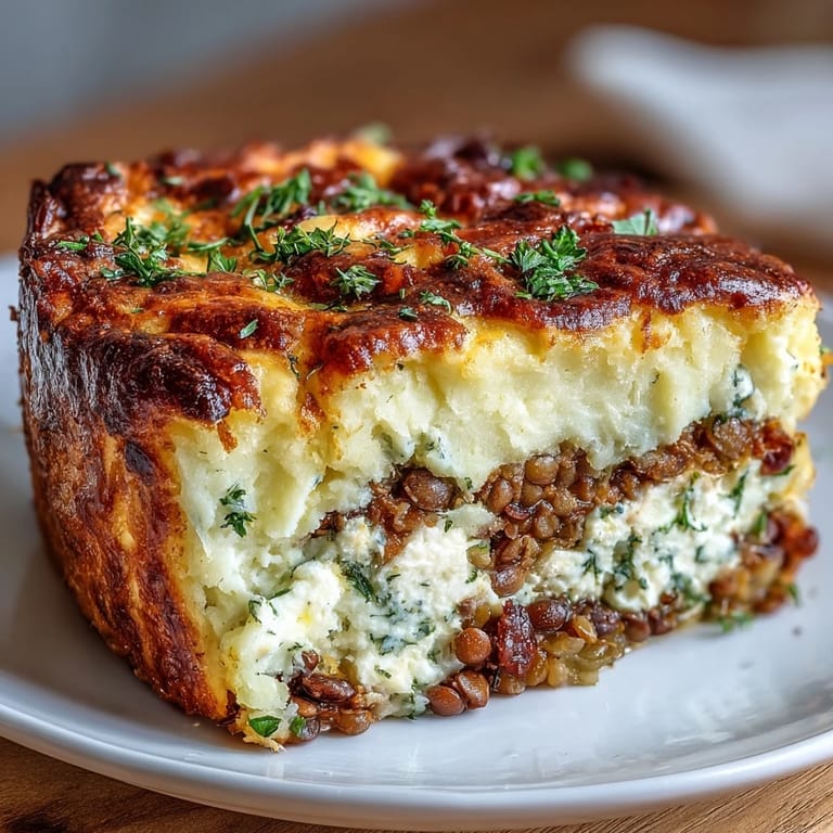 Comforting Vegetarian Shepherds Pie with Lentils and Mushrooms: creamy mashed potatoes crown a hearty mix of lentils, mushrooms, and vegetables.