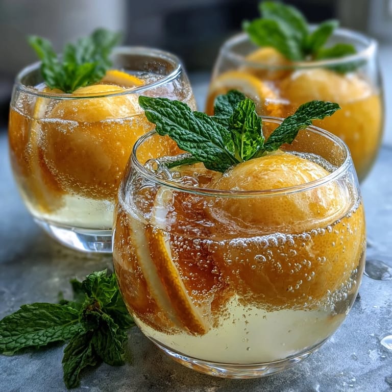 Vibrant Limoncello sorbet float with lemon slices and mint, sparkling water bubbles rising over creamy lemon sorbet.