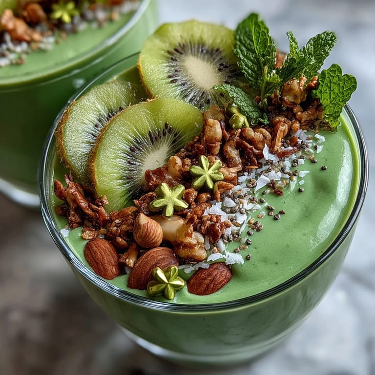 Festive shamrock-shaped kiwi slices adorn this protein-packed green smoothie bowl, perfect for a healthy and celebratory St. Patrick's Day morning meal.