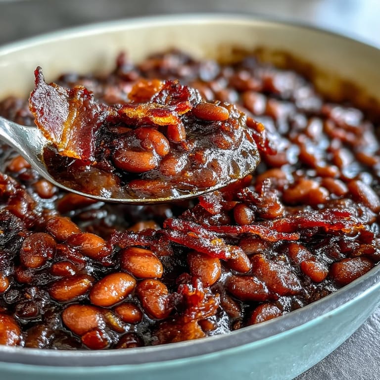 A close-up of hearty baked beans with caramelized brown sugar glaze, tender navy beans, and crumbled bacon, ready for a summer cookout.