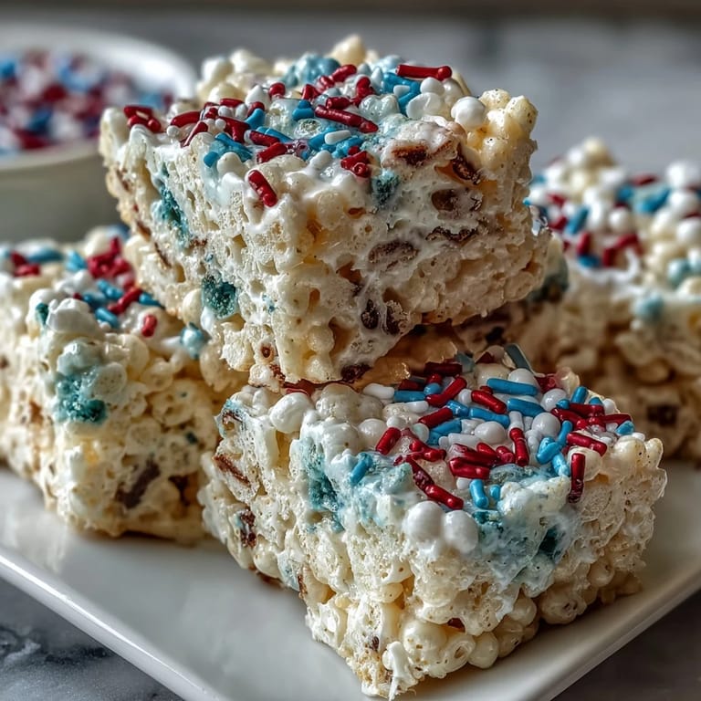 Festive marshmallow cereal bars in red, white, and blue, decorated with sprinkles for a fun and colorful 4th of July treat.